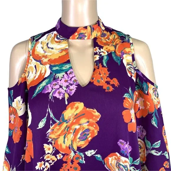 Everly Womens Dress Retro Floral Cold Shoulder Choker Collar Keyhole Small - Picture 7 of 14